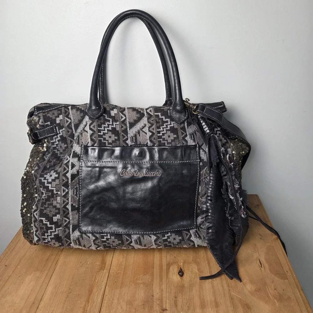 Caterina Lucchi Italy Leather Tapestry Sequin Boho Tote Shoulder Bag Fringe